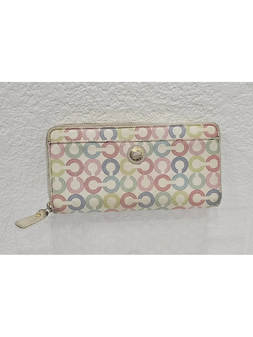 Coach Signature C Dot Cream Multicolor Accordion Zip Around Wallet
